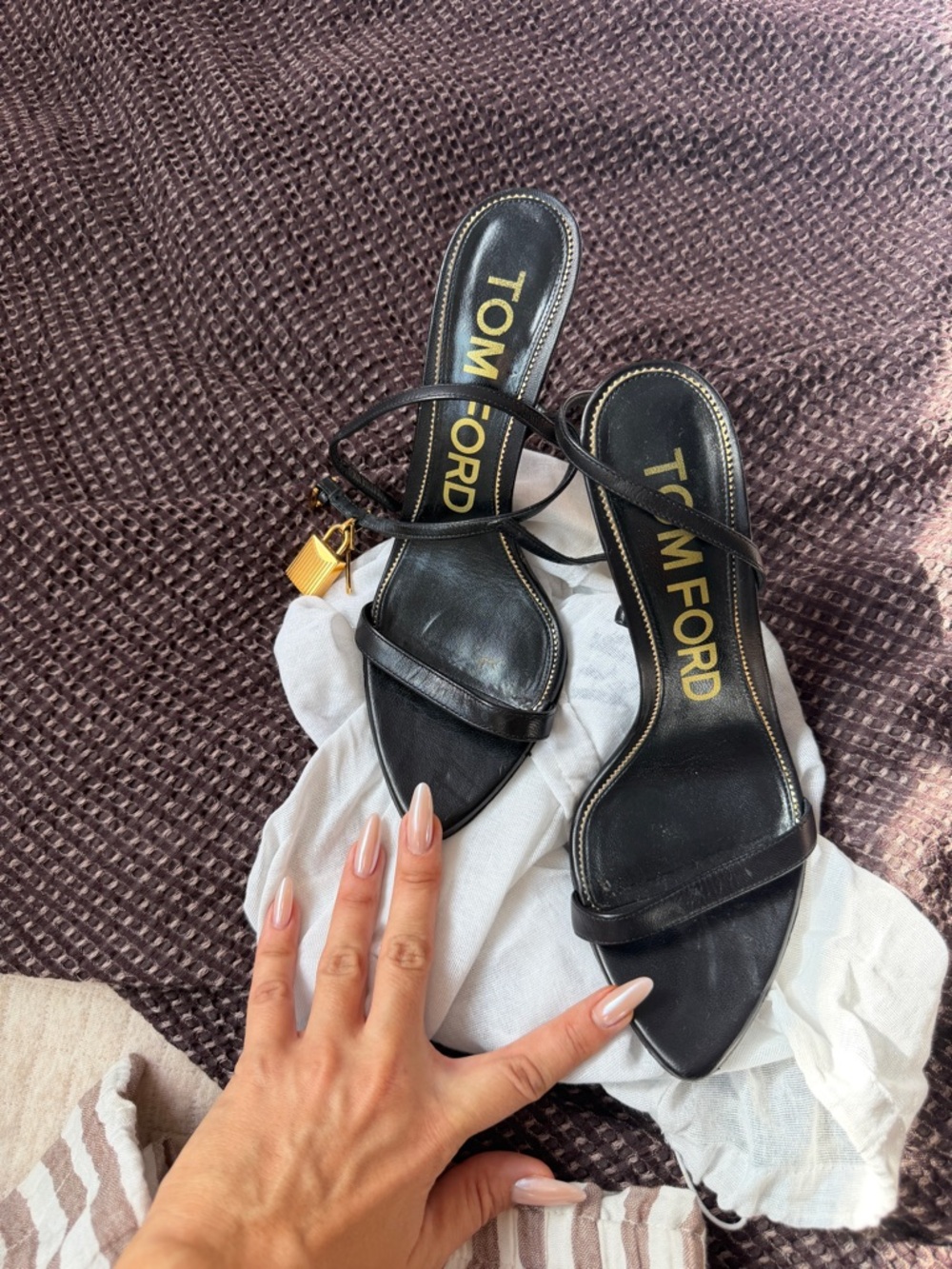 Tom Ford Black Leather Strappy Pointed-Toe Slide Heels with Gold Logo